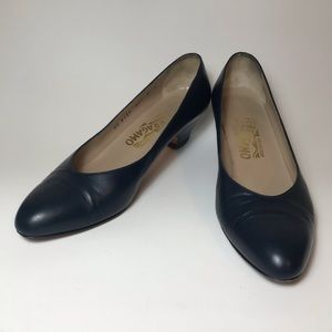 Salvatore Ferragamo Navy Leather Kitten Heels- 8